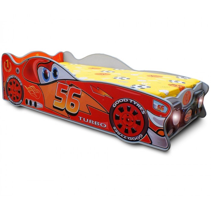 Pat in forma de masina McQueen cu LED-uri -Patut copii din lemn MDF cu saltea 140x70cm
